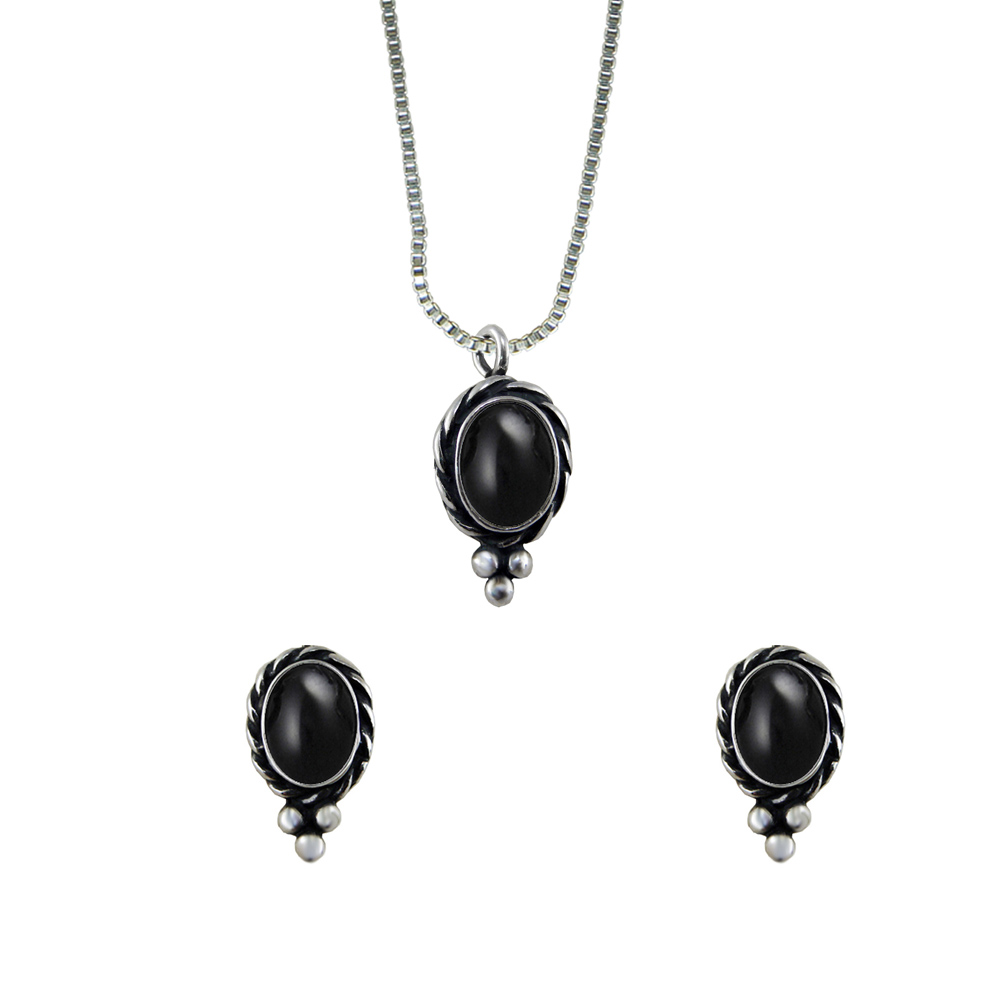 Sterling Silver Petite Necklace Earrings Set Black Onyx